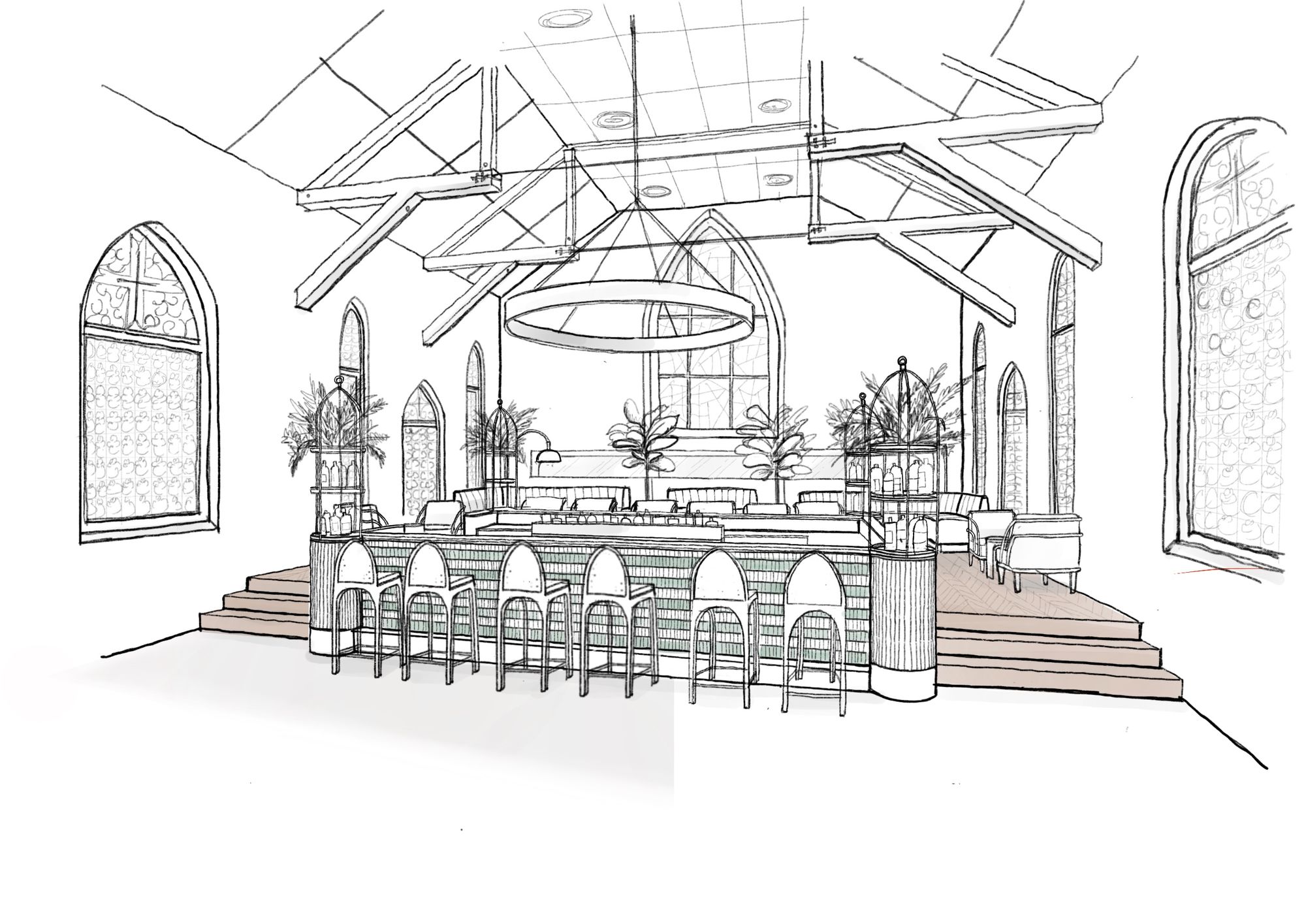 Restaurant in a church sketch by Shan Wong